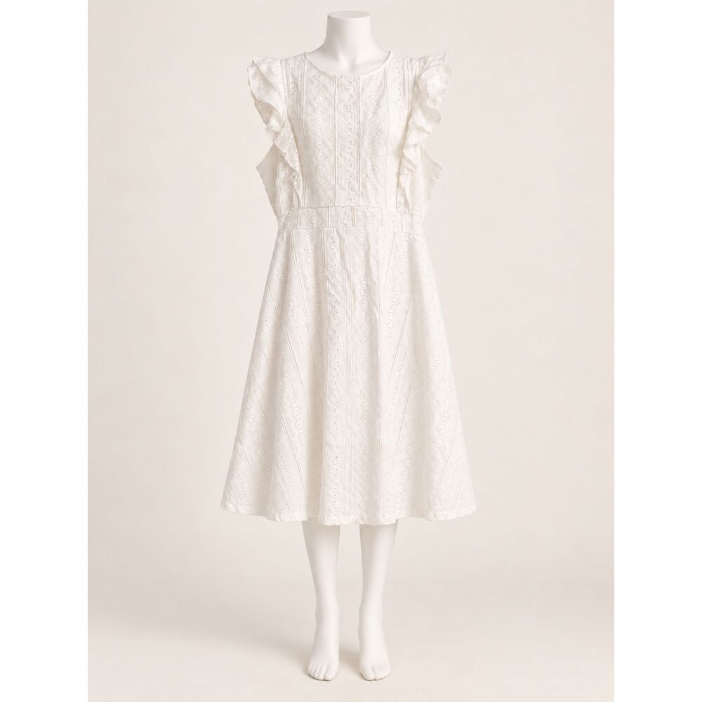 ECOWISH Women’s L White Eyelet Lace Ruffle Sleeve A-Line Maxi Dress